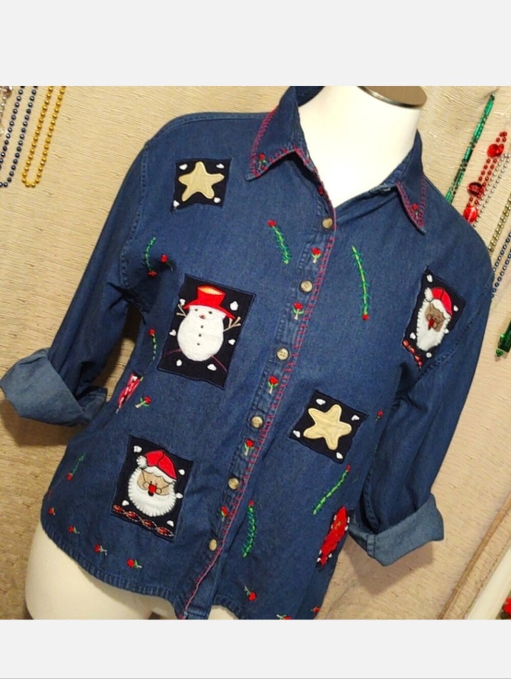 Vintage Sara Studio Christmas Patch Chambray Shirt 3X